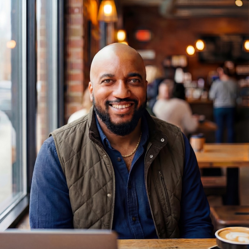 Nelson Spencer smiling in a café